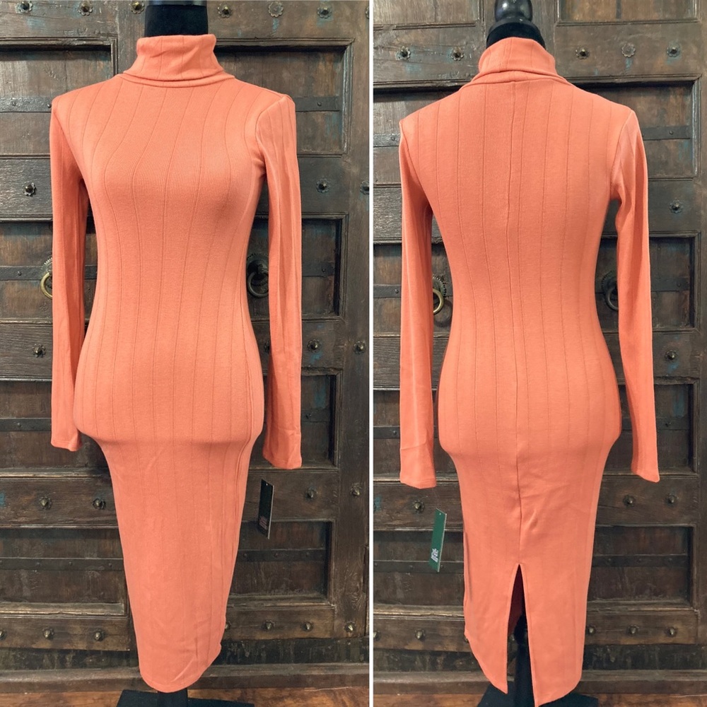Salmon Bodycon Stretchy Ribbed Midi Dress Turtleneck Long Sleeve NWT - Picture 2 of 7